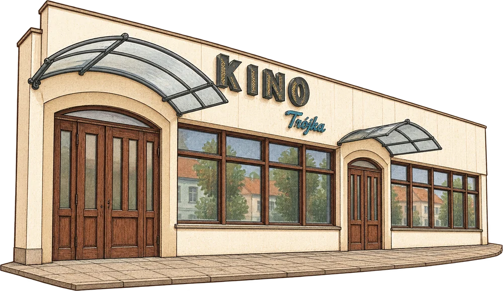 Ilustracja wejścia do Kina Trójka z drewnianymi drzwiami i przeszklonymi daszkami