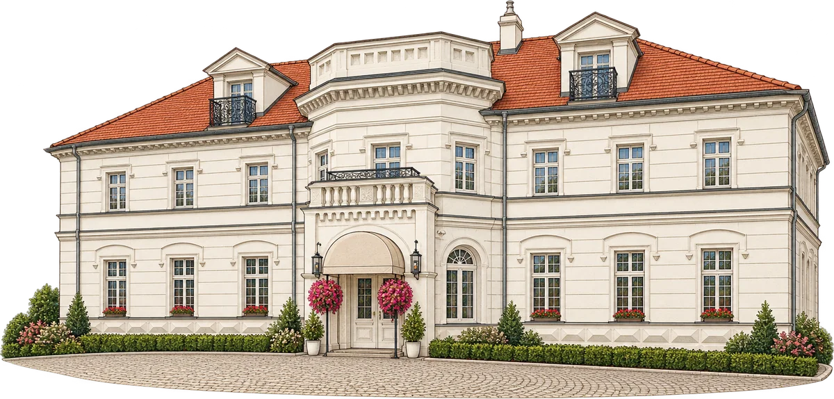 Jasny pałac na Opieszynie, z czerwonym dachem, centralnym balkonem i łukowym wejściem