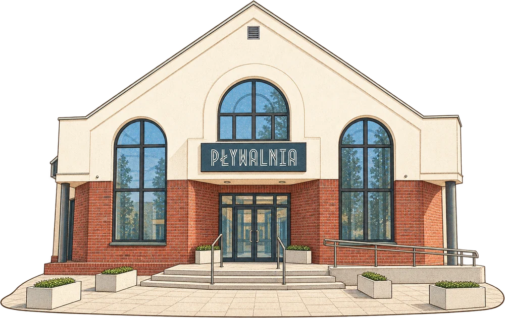 Ilustracja pływalni przy Koszarowej, z jasnym szczytem, ceglaną fasadą i wysokimi łukowymi oknami