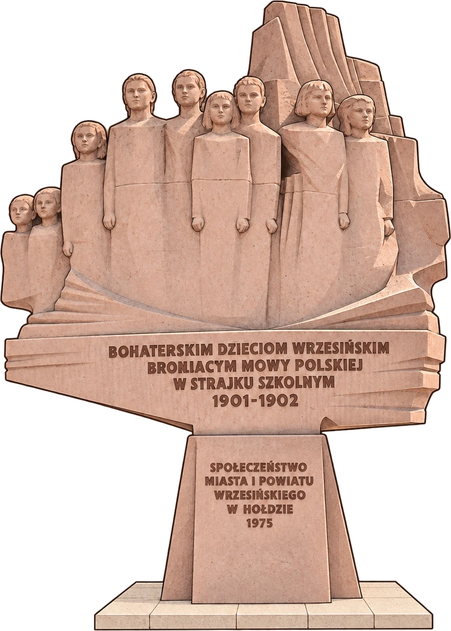 Pomnik Dzieci Wrzesińskich: grupa uczniów wyrzeźbiona w jasnoróżowym kamieniu na zwężającym się cokole