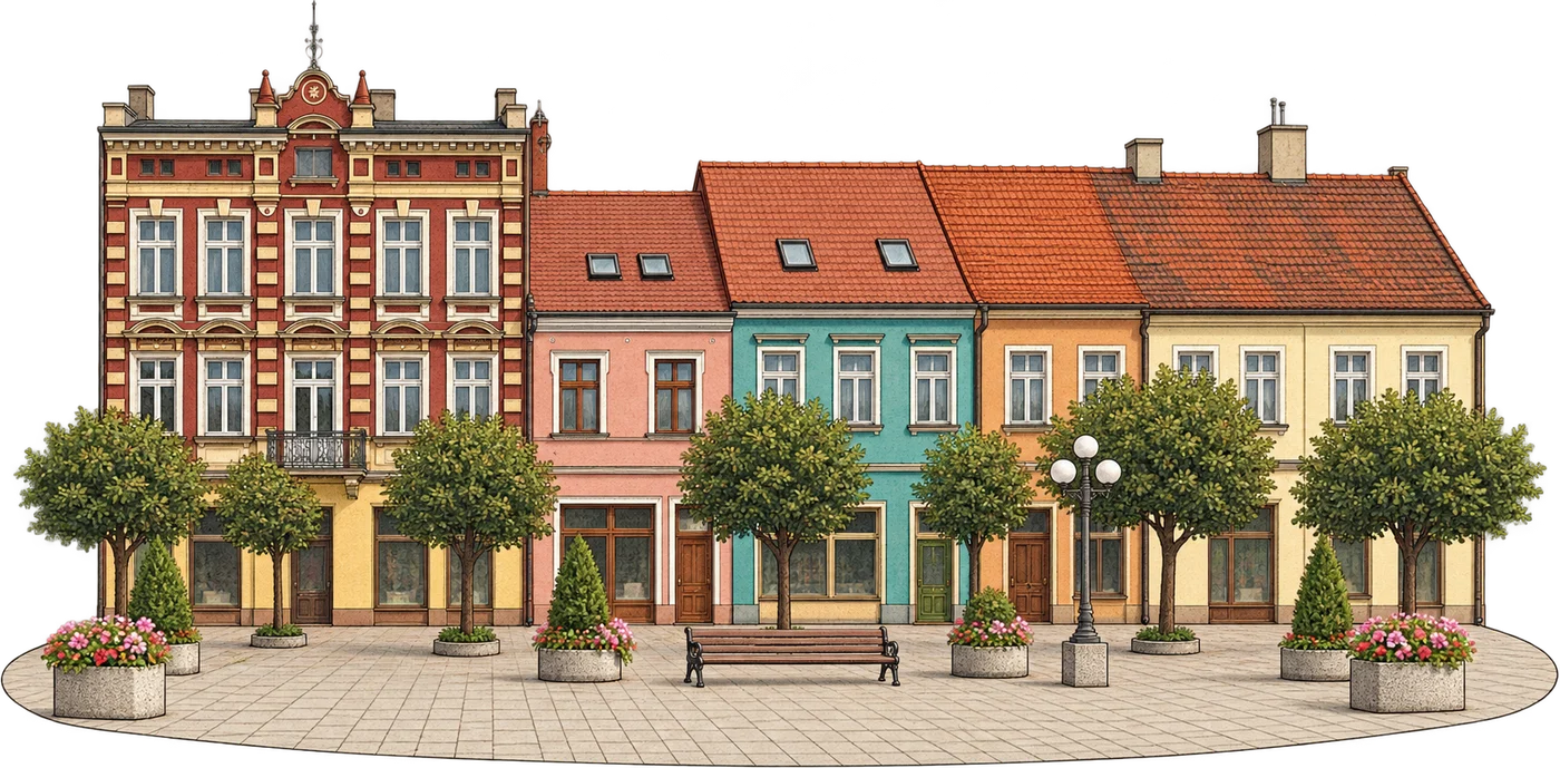 Północna pierzeja wrzesińskiego Rynku: kolorowe kamienice, drzewa, kwiaty i ławka na placu